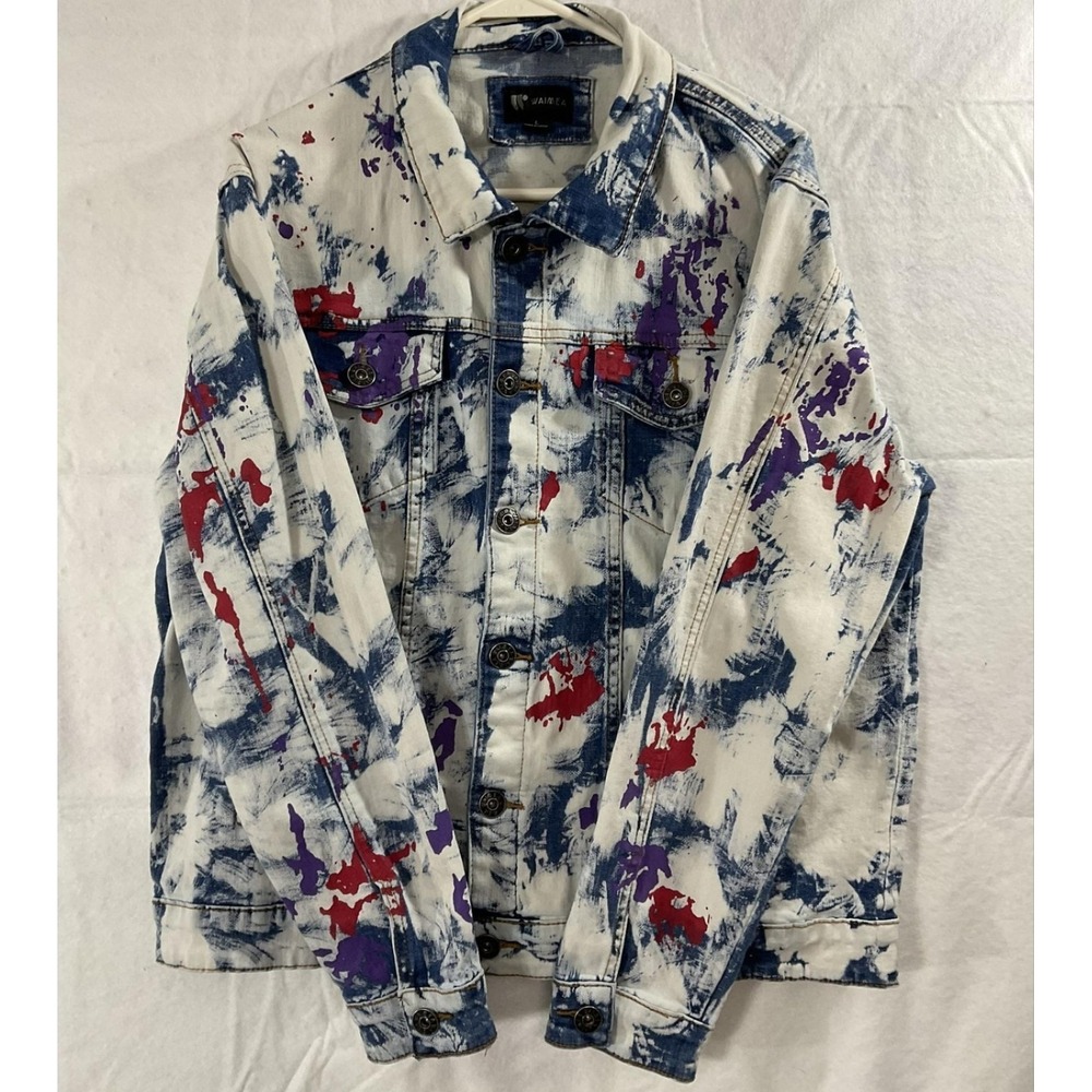 Waimea Jacket Mens Large White Blue Paint Splatter Denim Bomber Art Streetwear